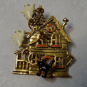 Halloween Brooch Pin Gold Tone Haunted House Enamel Ghosts Black Cat